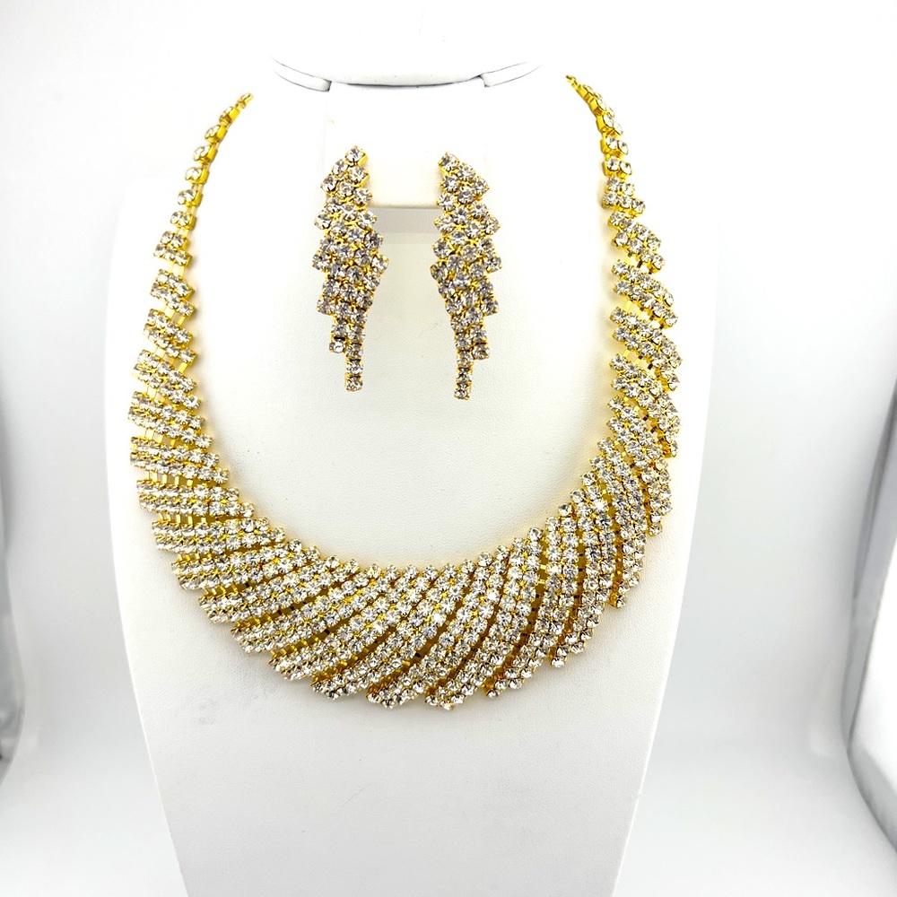 Elegant Gold Toned and White Rhinestone Bib Statement Necklace and Earring Set